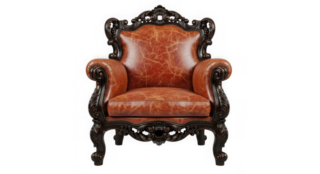 Vintage ornate brown leather armchair with carved wooden details