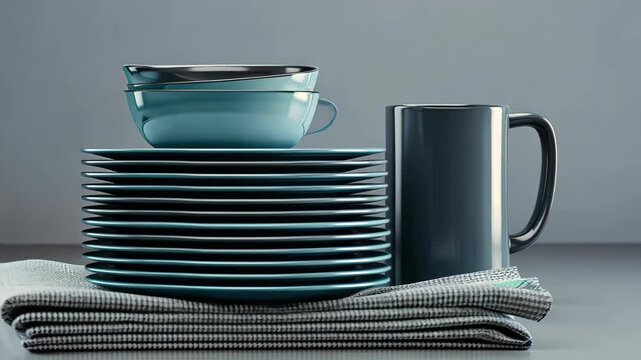 Stacked tableware features sleek plates and bowls alongside a contemporary mug, creating a stylish dining display in a minimalist setting