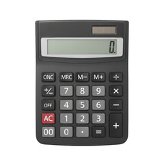 Black calculator isolated on transparent background, featuring a sleek design with a digital display and buttons, perfect for financial and mathematical calculations