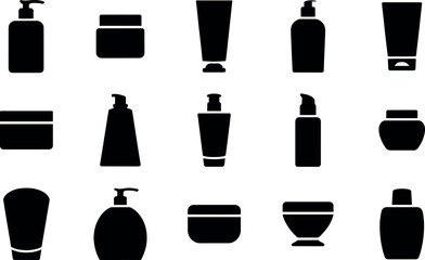 Collection of black cosmetic containers and bottles isolated on transparent background, representing beauty products, skincare, and personal care items