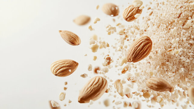 Almonds exploding in mid-air against a bright white background. the dynamic moment of almonds being crushed, showcasing the texture and detail of the nuts. - Powered by Adobe