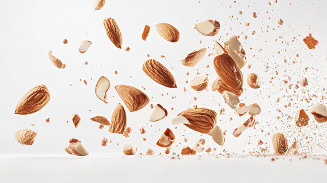 Almonds exploding in mid-air against a bright white background. the dynamic moment of almonds being crushed, showcasing the texture and detail of the nuts.