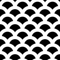 Obraz premium Fish scale wallpaper. Asian traditional ethnic ornament with repeated scallops. Repeated black scallop on white background. Seamless surface pattern design with scales. Squama motif. Digital paper.