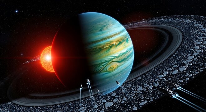 Vibrant Gas Giant Planet with Rings Orbiting a Distant Red Star in Deep Space.