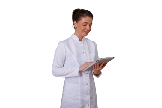 Medical professional woman using digital tablet, doctor holding device, female healthcare worker managing patient data, transparent background