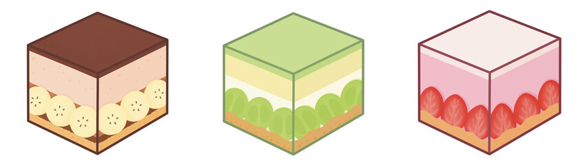 fruits banoffee pie and tiramisu cube cake box illustrations collection-cute bakery-cake shop and cute home cafe set with transparent background