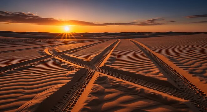 Vehicle tracks on rippled sand dunes during a beautiful desert sunset.