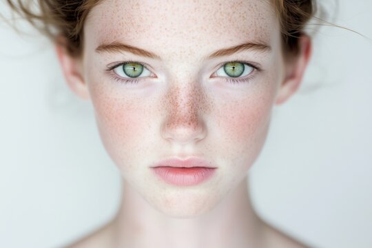 A close-up portrait of a young woman with freckles and striking green eyes against a light background.