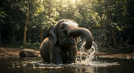 Elephant bathing in a lush jungle river with sunlight filtering through the trees.