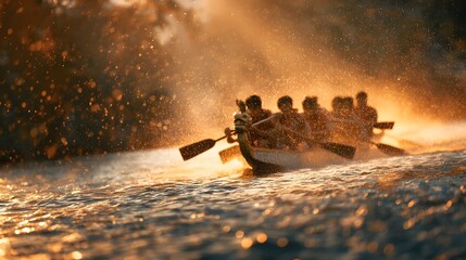 Team of rowers powerfully paddles a narrow boat through glistening water during sunset or sunrise