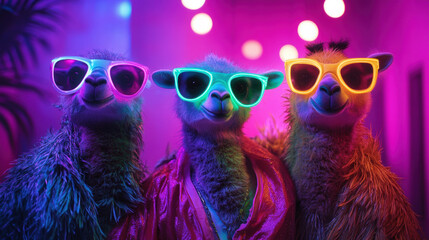 Three Llamas Wearing Sunglasses in a Neon Lit Nightclub. cool llamas are ready to party with their stylish sunglasses and vibrant neon lighting.