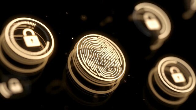 Golden coins with padlock and fingerprint, 3D render, for security or finance concept, overlay effect, website background or presentation