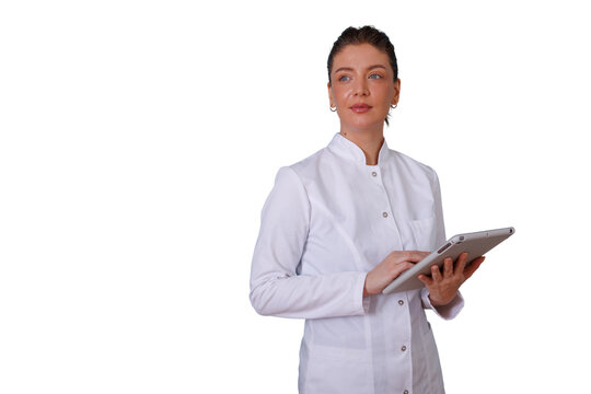 Female doctor wearing lab coat using digital tablet, looking away, with transparent background, managing patient data - Powered by Adobe