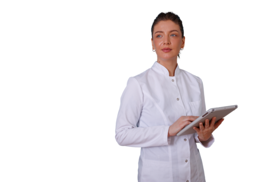 Female doctor wearing lab coat using digital tablet, looking away, with transparent background, managing patient data