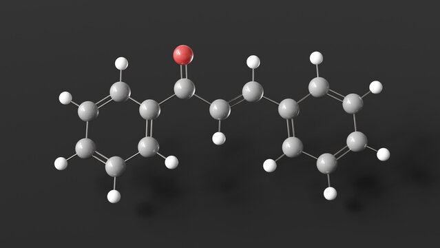 chalcone molecule 3d, molecular structure, ball and stick model, structural chemical formula natural aromatic ketone