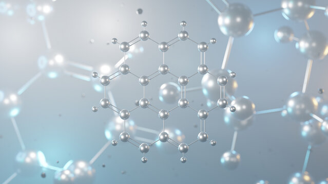 coronene molecular structure, 3d model molecule, polycyclic aromatic hydrocarbon structural chemical formula view from a microscope