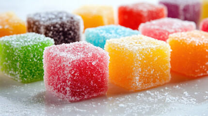Colorful sugared jelly candies in a close-up shot, perfect for treats and desserts. vibrant, sugar-coated jelly candies are a delightful treat, perfect for satisfying any sweet tooth.