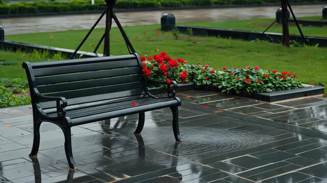 A solitary bench sits in a park, glistening with rain, while colorful flowers bloom nearby, creating a tranquil atmosphere