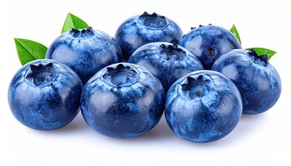 Obraz premium Cluster of Fresh Blueberries with Green Leaves on White Background Close Up