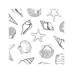Seashells vector illustration set on beach pattern design