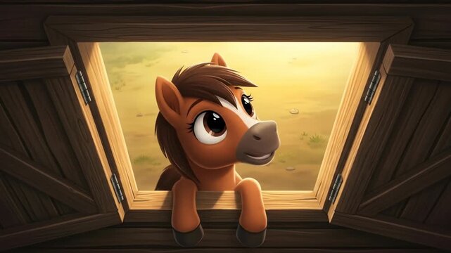 Cute cartoon horse peeking from barn window