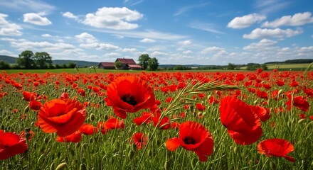 Obraz premium Vibrant Red Poppy Field Under a Bright Blue Sky with White Clouds.