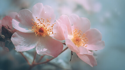 Delicate pink rose petals unfurl in soft morning light, capturing nature's gentle beauty and serene tranquility.