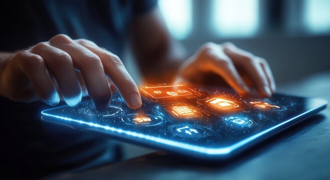 Close-up of hands interacting with a glowing futuristic transparent tablet displaying digital icons and holograms in a dark environment
