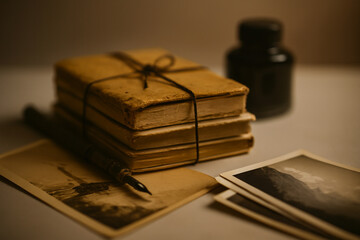 Vintage journals and handwritten notes scattered across a rustic wooden table
