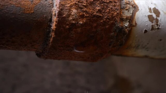 Close up of a rusty pipe with a water drop slowly forming and falling, hinting at decay and the passage of time in industrial settings or infrastructure failure contexts