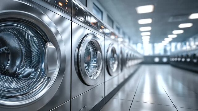 row of industrial washing machines in modern laundromat, stainless 