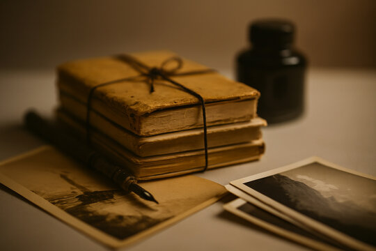 Vintage journals and handwritten notes scattered across a rustic wooden table - Powered by Adobe