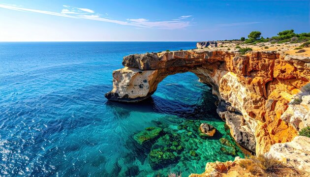 Coastal Arch Formation Over Clear Turquoise Sea Water in Mallorca Spain Landscape with Rocky Cliffs and Green Vegetation on Sunny Day
