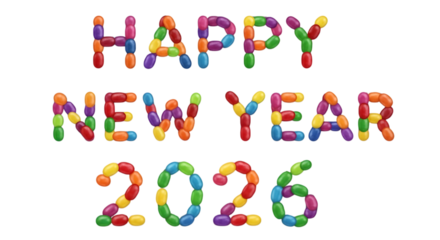 Happy new year 2026 text made of colorful candies isolated on transparent background