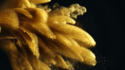 Abstract golden particles swirling in a dynamic plume on a dark background - Powered by Adobe