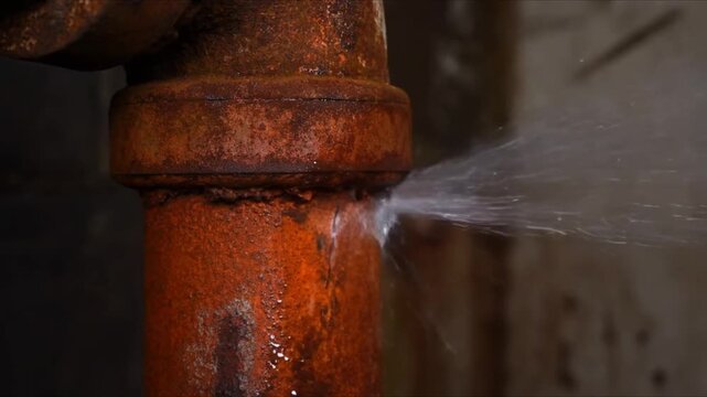 Close up of a rusty industrial pipe with a single drop of water falling, suggesting decay, leaks, or the passage of time in a manufacturing or utility setting.