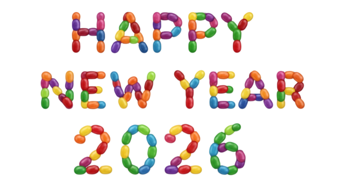 Happy new year 2026 text made of colorful candies isolated on transparent background