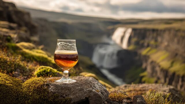 Amber Ale In Tulip Glass On Mossy Rock Overlooking Dramatic Waterfall Canyon During Golden Hour With Dramatic Clouds And Rugged Terrain