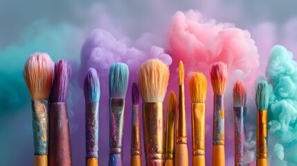 Fototapeta premium A colorful assortment of art implements stands ready against a backdrop of pastel clouds