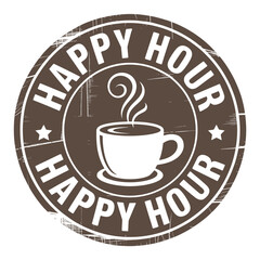 Rustic happy hour coffee stamp with steaming cup