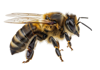 A closeup macro shot of a honey bee with wings spread, isolated on transparent background