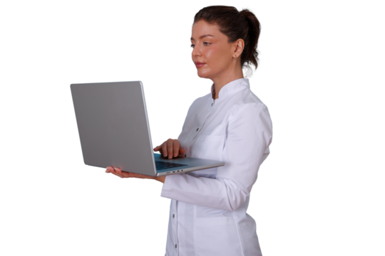 Female doctor using laptop, providing telehealth consultation, embracing digital healthcare technology