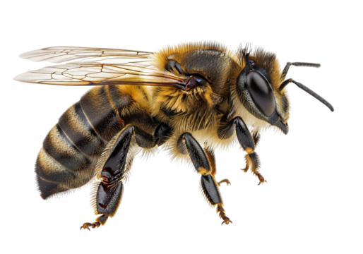 A closeup macro shot of a honey bee with wings spread, isolated on transparent background