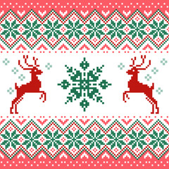 Pixel art reindeer and snowflake Christmas pattern in red and green. Perfect for weaving, embroidery, cross-stitch, or knitting festive winter fabrics.