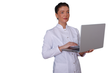 Medical professional woman doctor consulting researching online on laptop, healthcare technology digital data diagnostics, transparent background