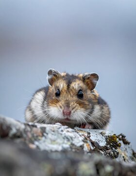 Adorable hamster portrait on a rock, showcasing its captivating features.