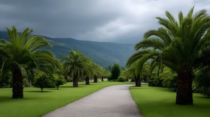 Fototapeta premium A paved pathway winds through a lush palm tree garden under a dramatic stormy sky with distant mountains