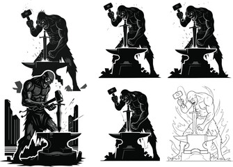 Fantasy blacksmith forging legendary sword, powerful muscular craftsman striking anvil with hammer, epic weapon creation, strength and fire vector illustration design