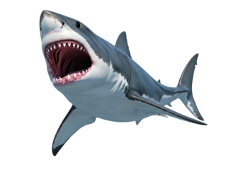 A menacing great white shark with its mouth wide open, revealing sharp teeth, isolated on transparent background