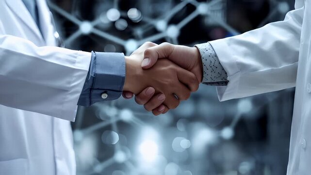 A closeup shot of two individuals shaking hands against a backdrop of abstract, blurred lights. The person on the left is wearing a white lab coat.